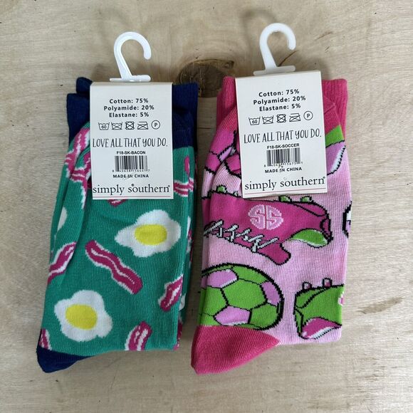 Lot 2 Pairs Simply Southern Preppy Socks Supply Co. Soccer Breakfast Bacon Eggs - Picture 2 of 2